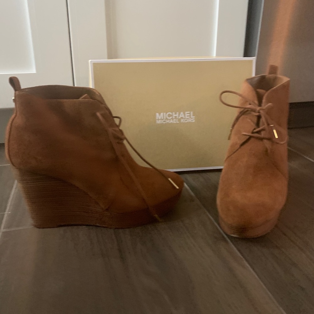 Michael Kors tan ankle wedge boots